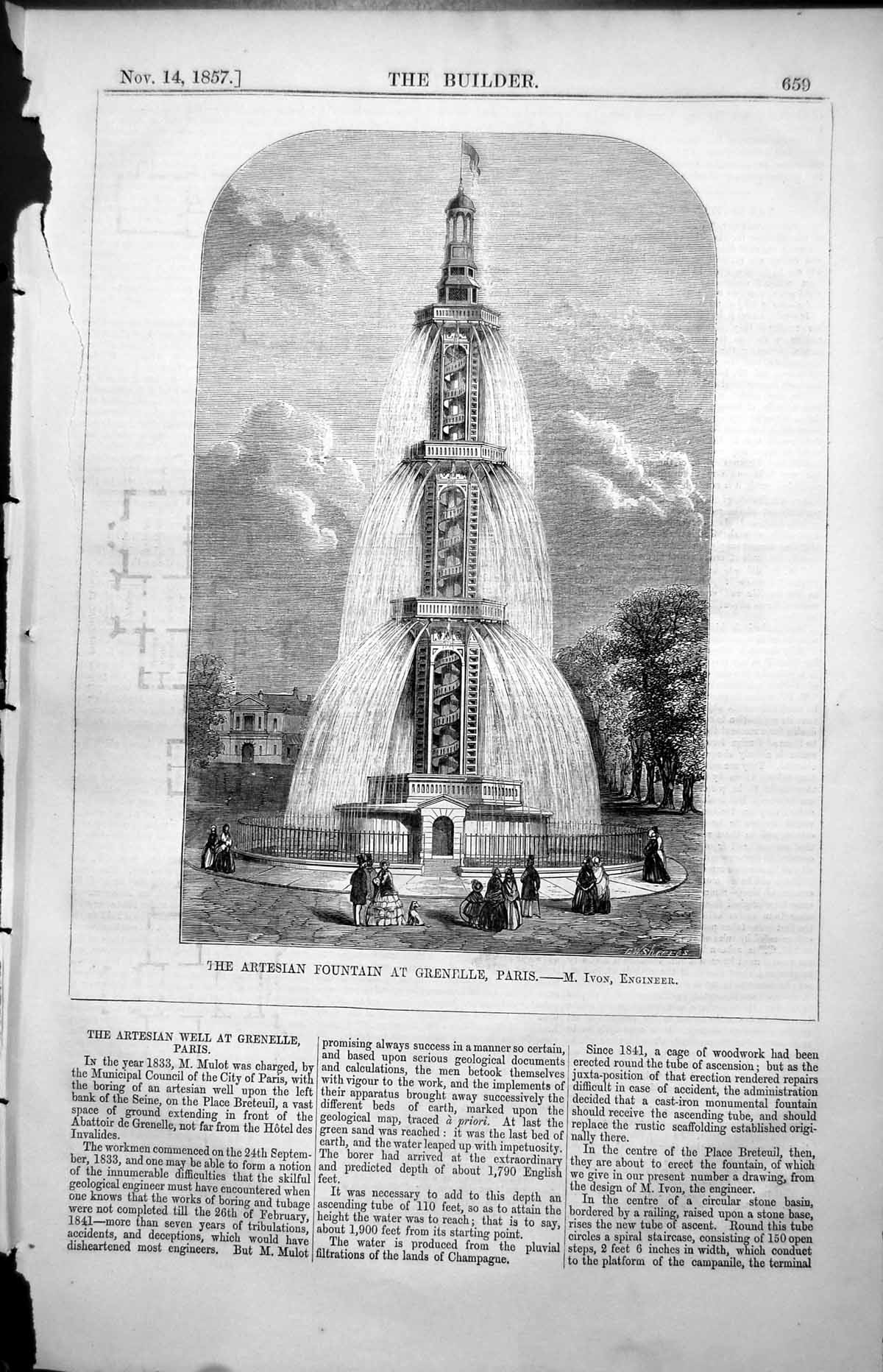 Old Antique Print Artesian Fountain Grenelle Paris M Ivon Architect 1857 19th