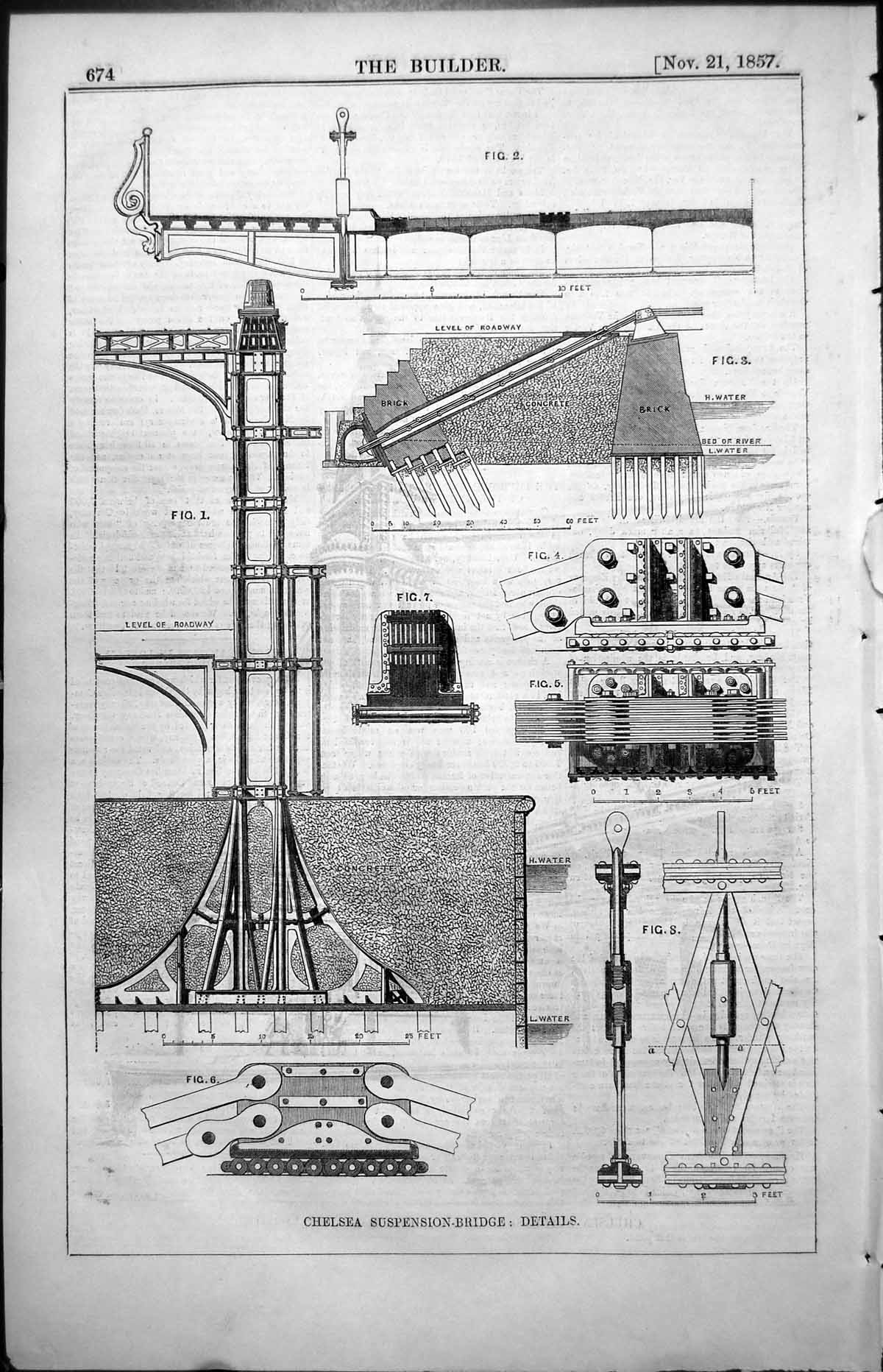 Old Print Chelsea Suspension Bridge Details High Low Water Bed River 1857 19th
