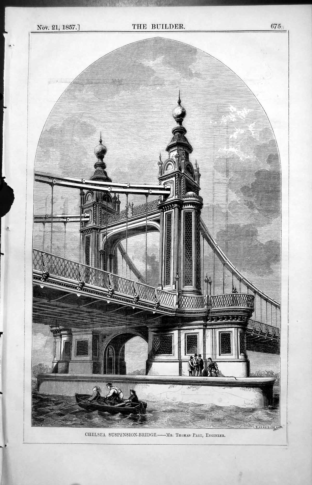 Original Old Antique Print Chelsea Suspension Bridge Thomas Page Engineer 1857