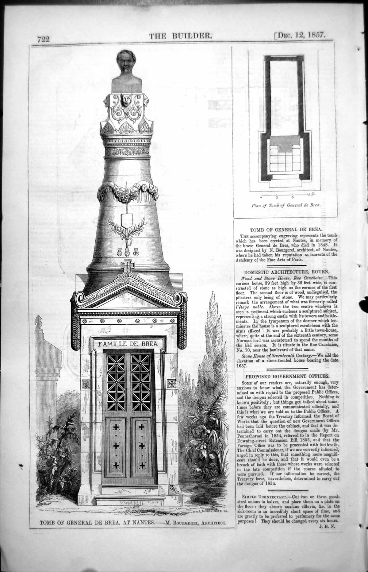 Antique Old Print Tomb General De Brea Nantes Plan M Bourgerel Architect 1857