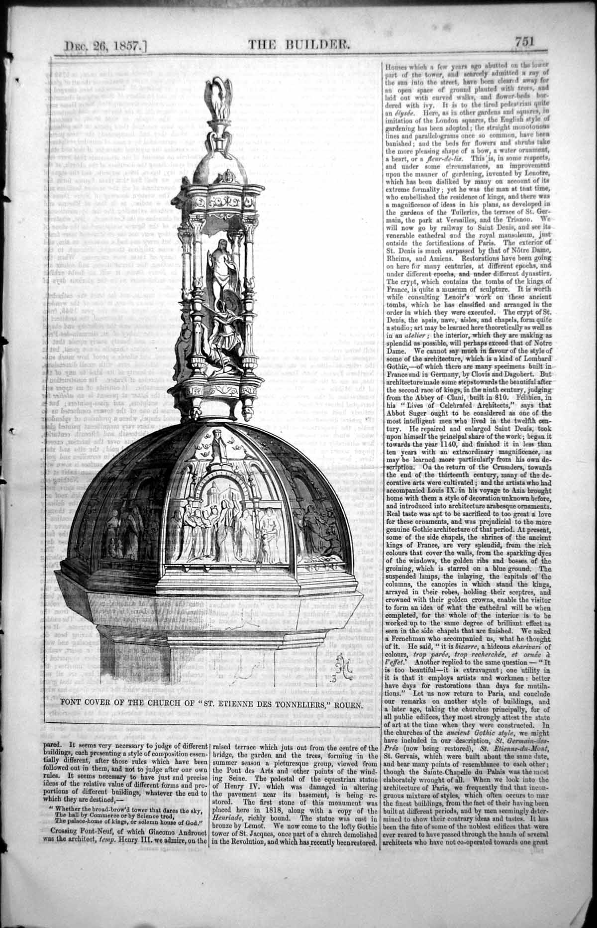 Old Antique Print Font Cover Church St Etienne Des Tonneliers Rouen 1857 19th