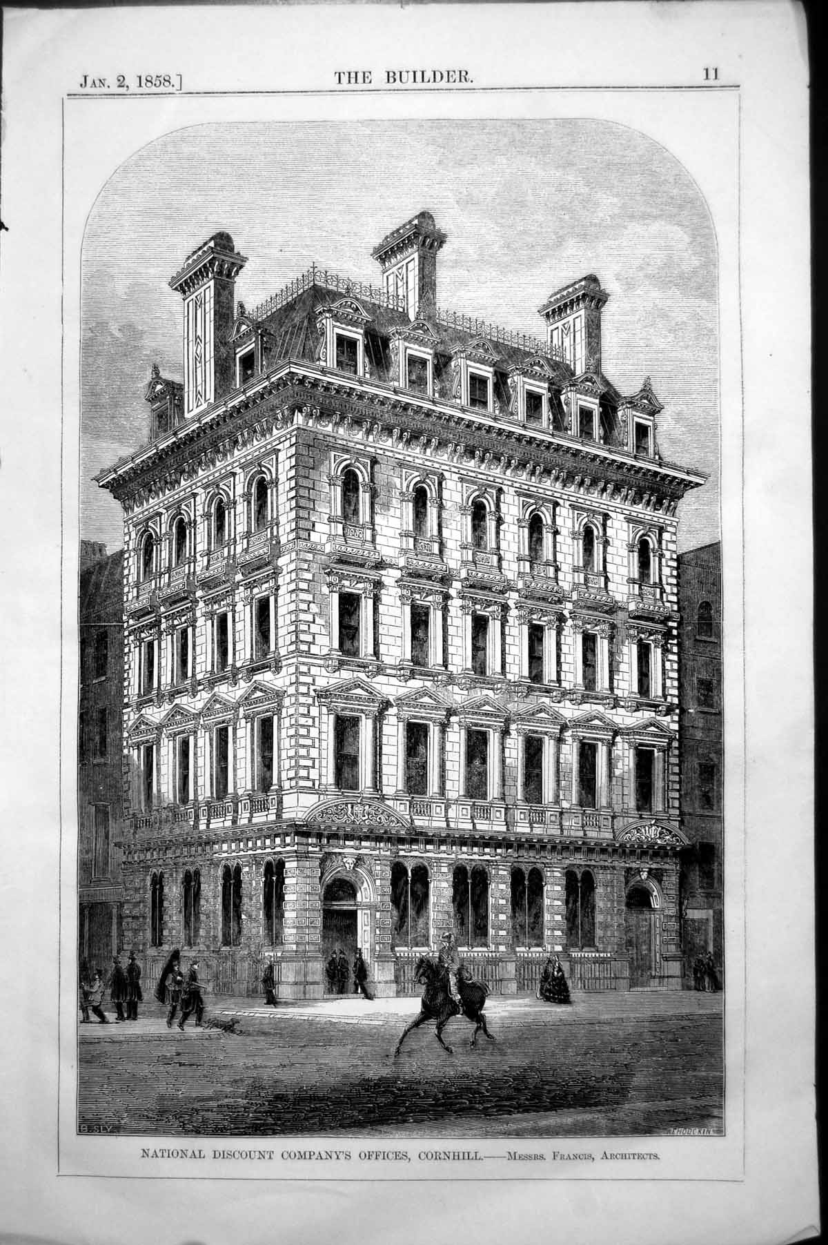 Old Print National Discount Company'S Offices Cornhill Francis Arch'S 1858 19th