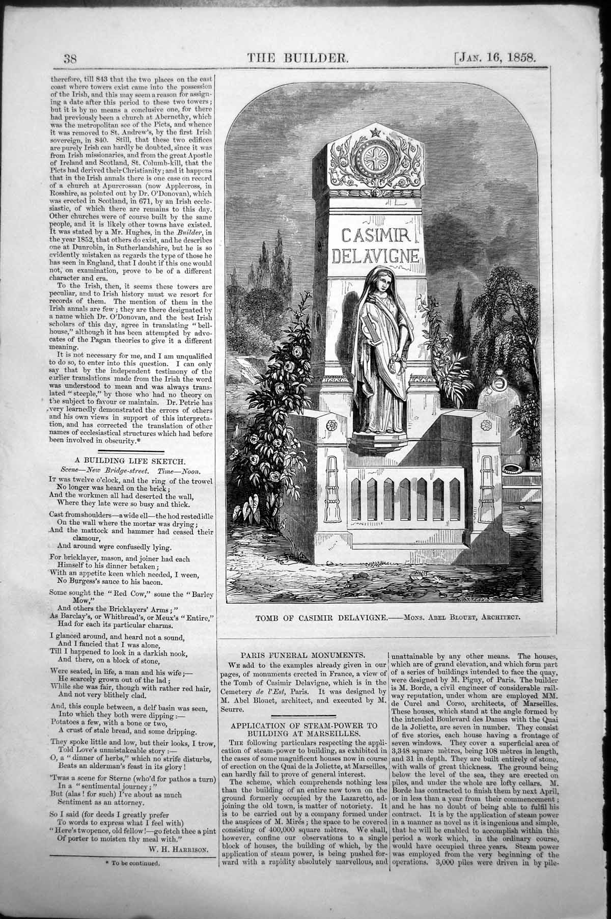 Old Antique Print Tomb Casimir Delavigne Mons. Abel Blouet Architect 1858 19th
