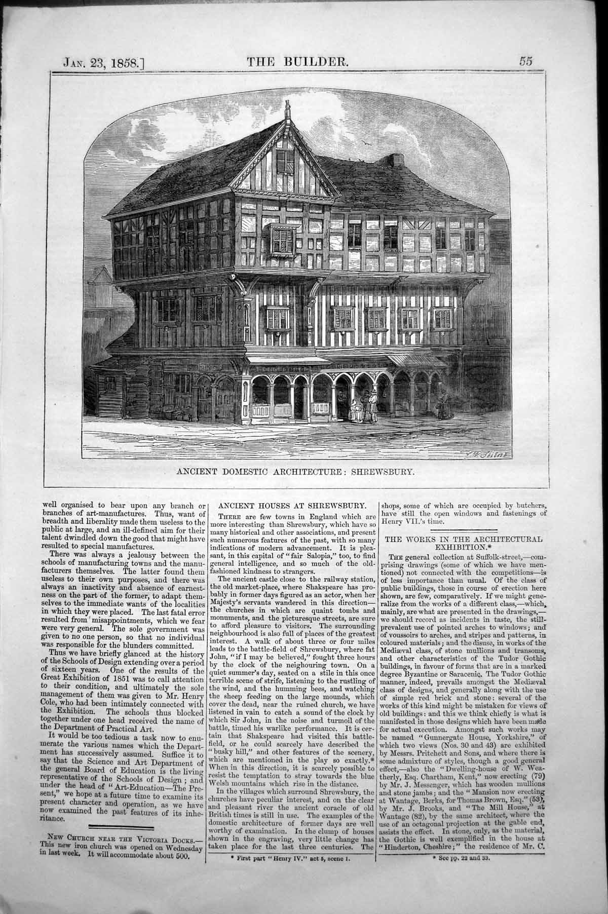 Old Antique Print Ancient Domestic Architecture Shrewsbury Exterior 1858 19th