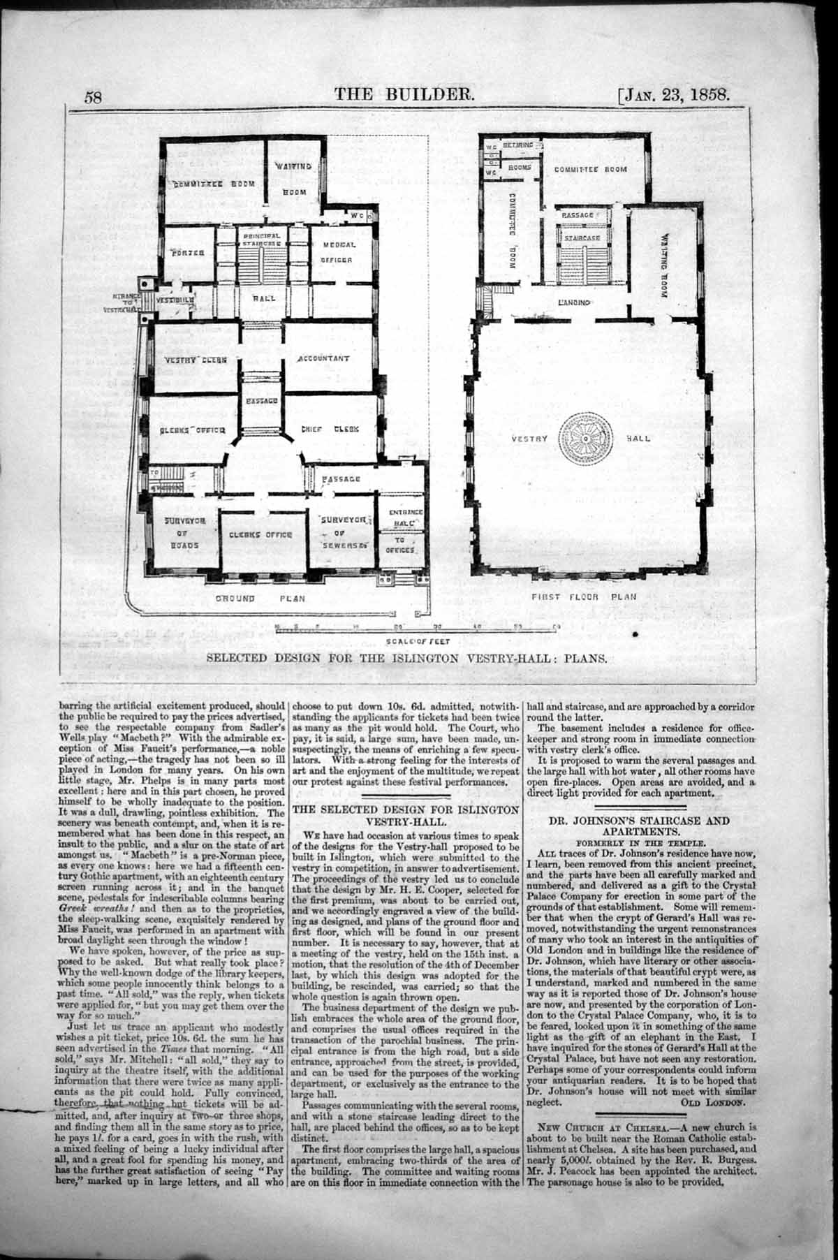 Original Old Antique Print Selected Design For Islington Vestry Hall Plans 1858