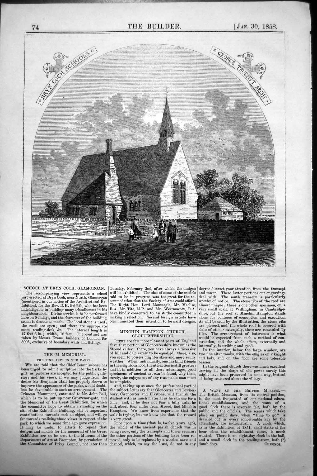 Antique Old Print School Bryn Coch Glamorgan George Truefitt Architect 1858 19th