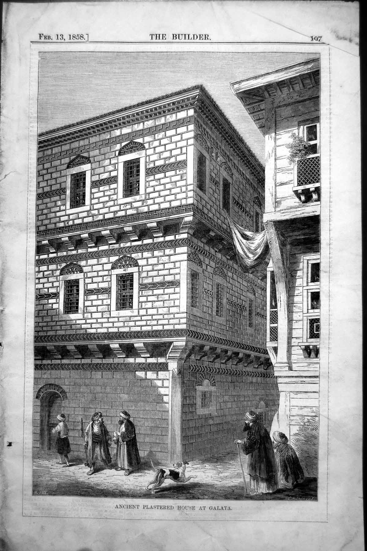 Antique Old Print Ancient Plastered House Galata Perspective View Street 1858