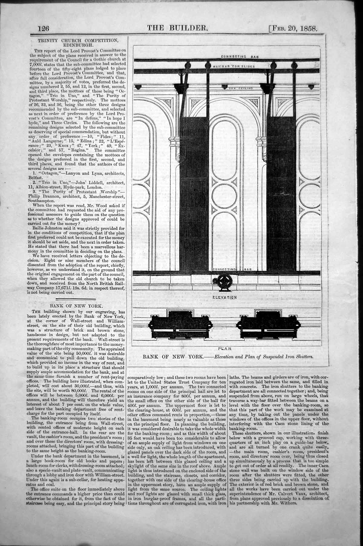 Antique Old Print Bank New York Elevation Plan Suspended Iron Shutters 1858