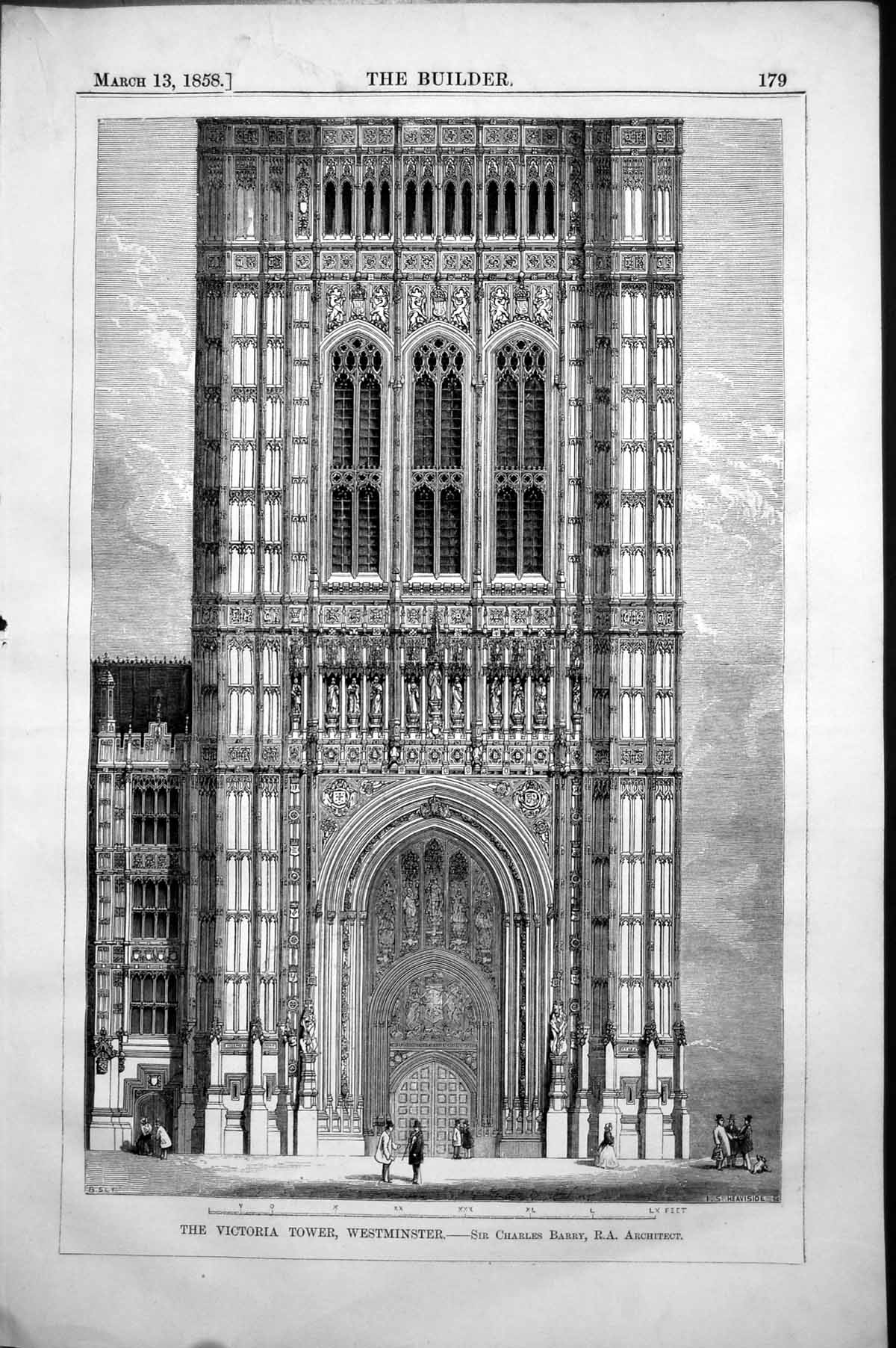 Antique Print Victoria Tower Westminster C Barry Architect Lower Part 1858 19th