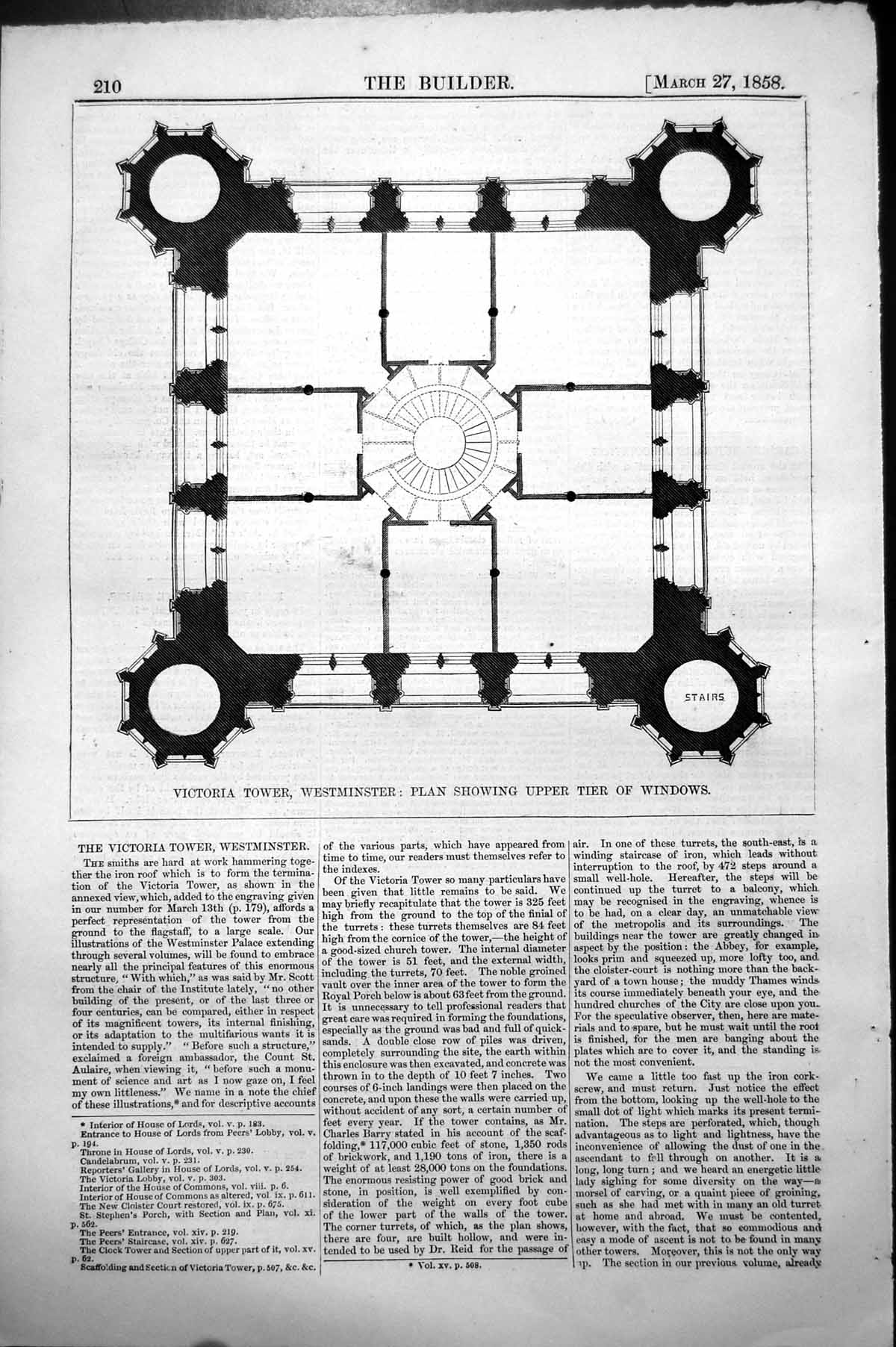 Old Antique Print Victoria Tower Westminster Plan Upper Tier Windows 1858 19th
