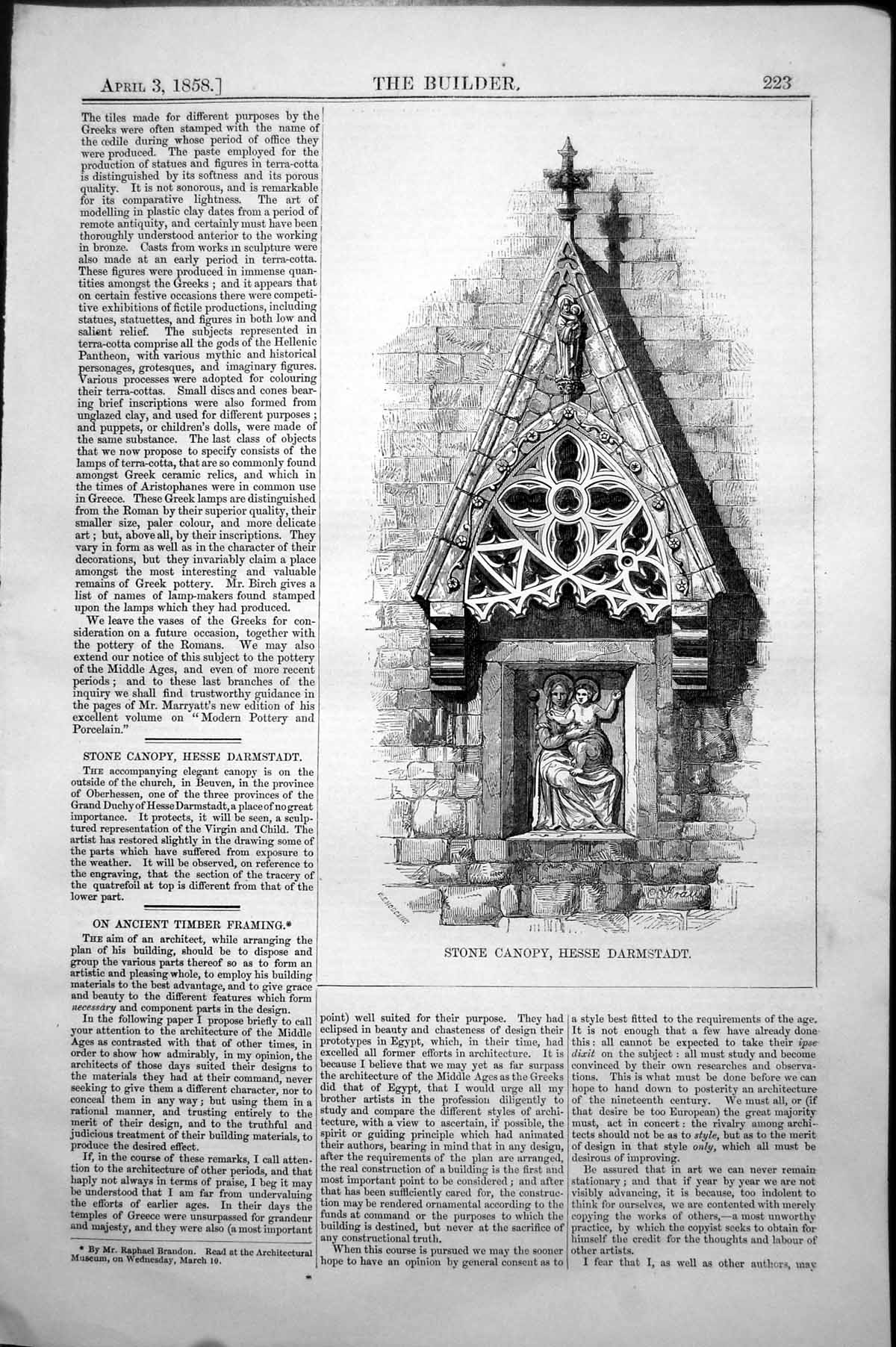 Original Old Antique Print Stone Canopy Hesse Darmstadt Religious Theme 1858