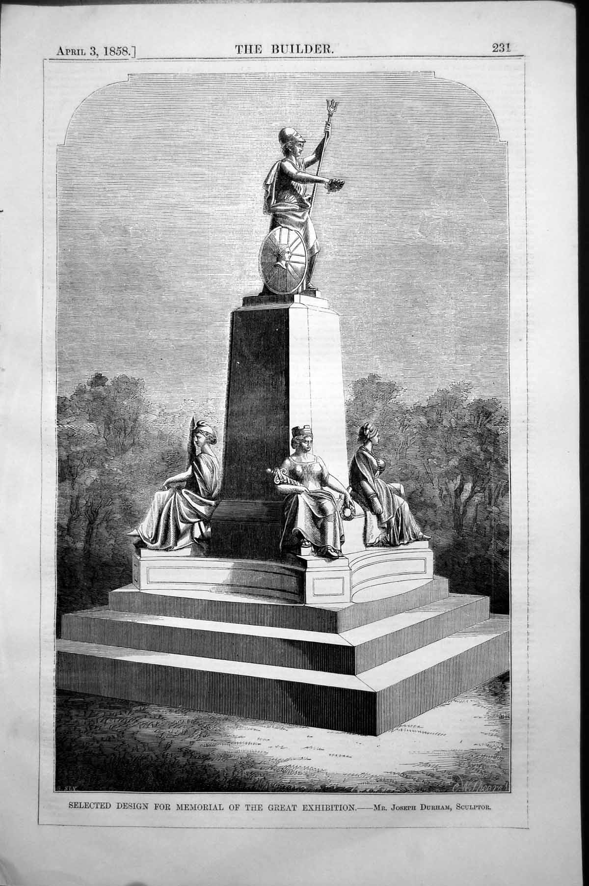 Old Print Selected Design Memorial For Great Exhibition Durham Sculp 1858 19th