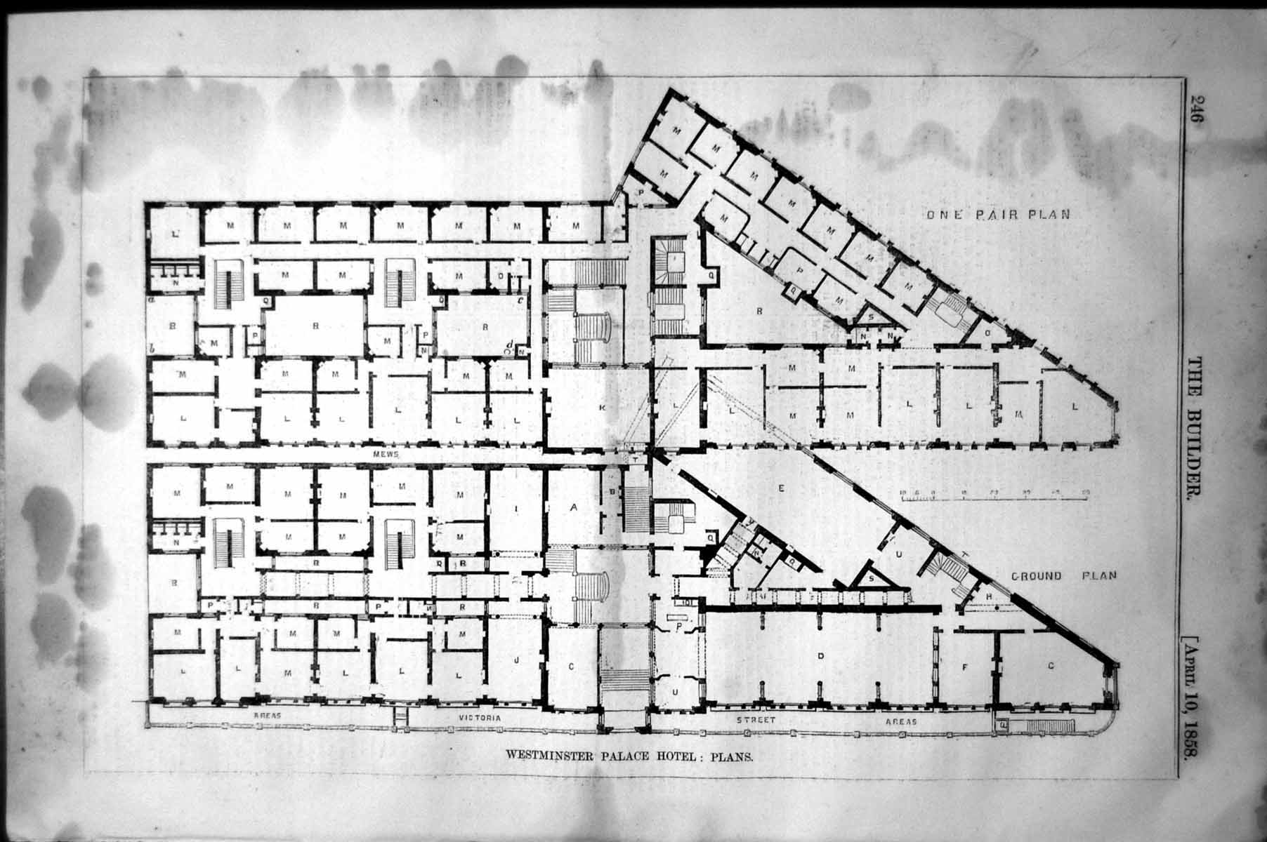 Original Old Antique Print Westminster Palace Hotel Plans Ground One Pair 1858