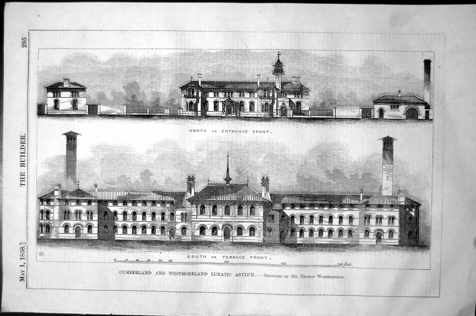 Antique Old Print Cumberland Westmoreland Lunatic Asylum T Worthington 1858