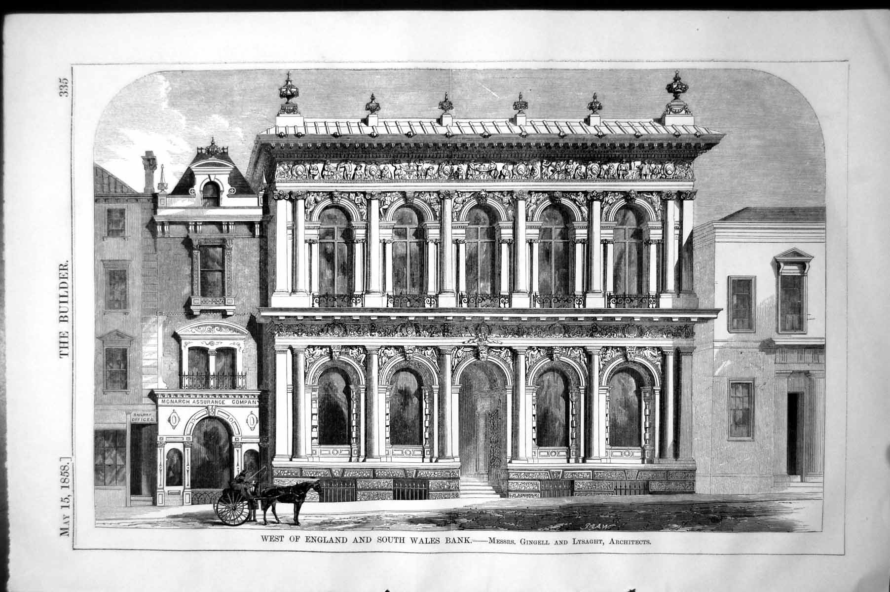 Antique Old Print West England South Wales Bank Gingell & Lysaght Arch 1858