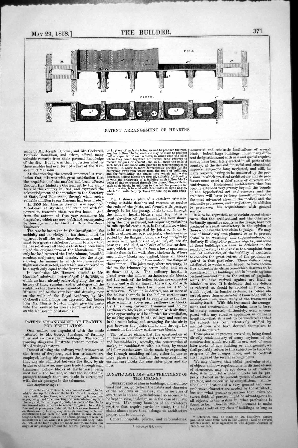 Original Old Antique Print Patent Arrangement Hearths For Ventilation 1858 19th
