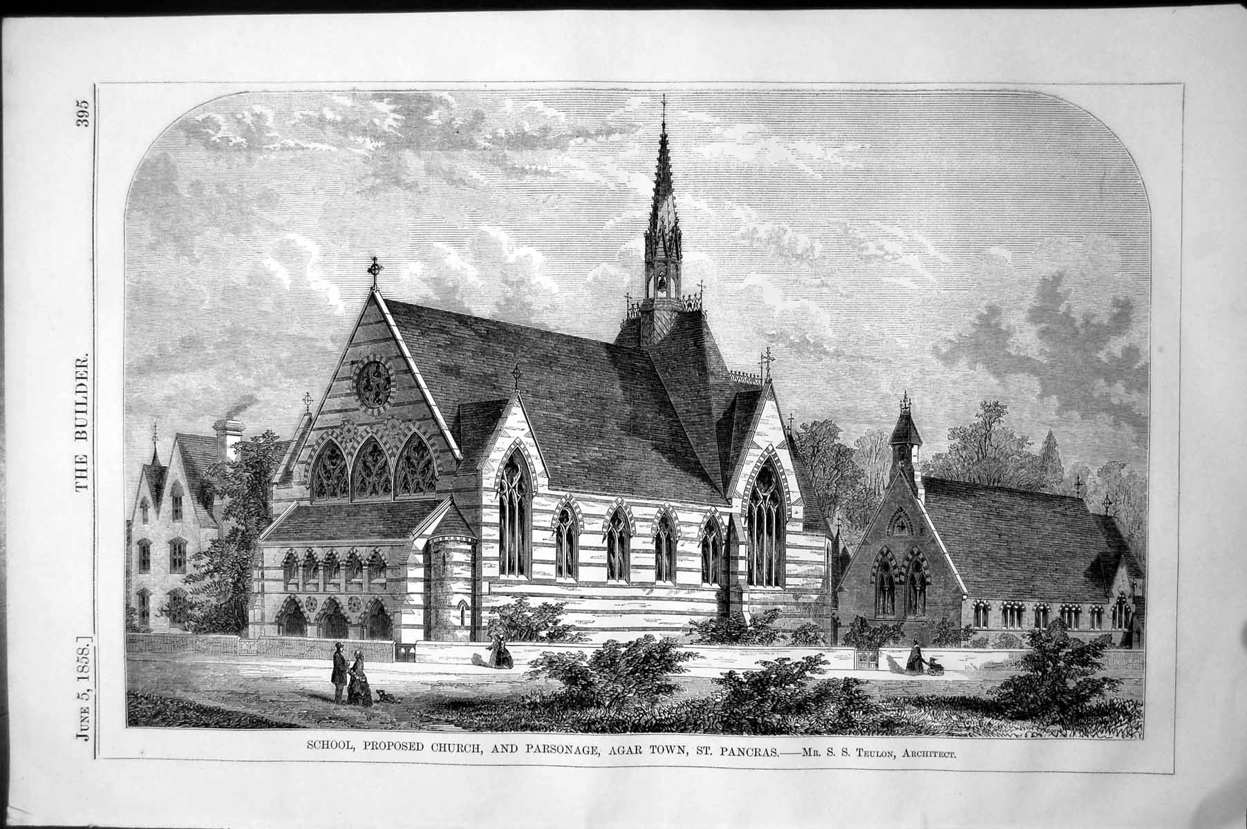Antique Old Print School Proposed Church Parsonage Agar Town St. Pancras 1858