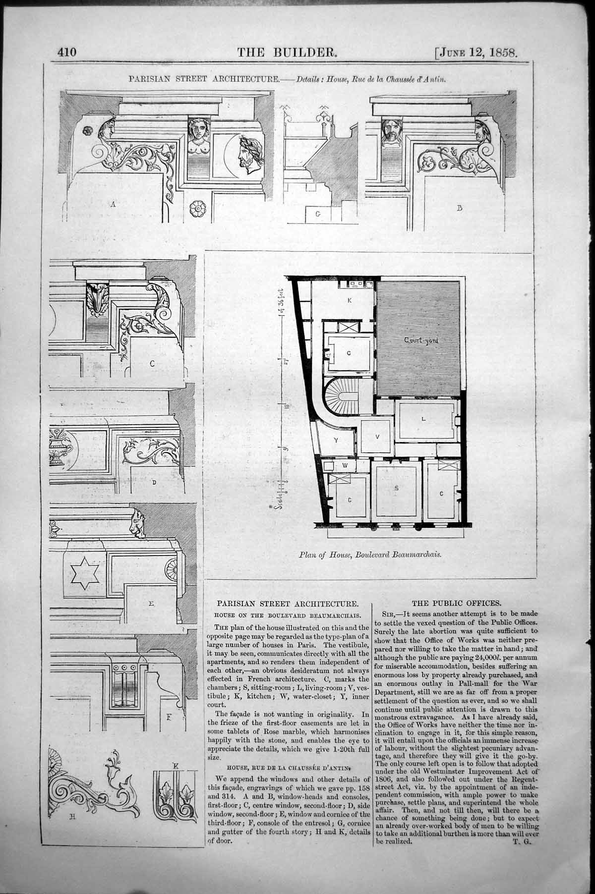 Old Print Parisian Street Architecture Details House Rue De Chaussee 1858 19th