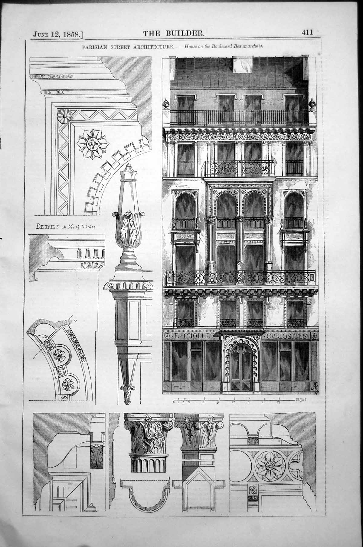 Antique Print Parisian Street Architecture Home Boulevard Beaumarchais 1858