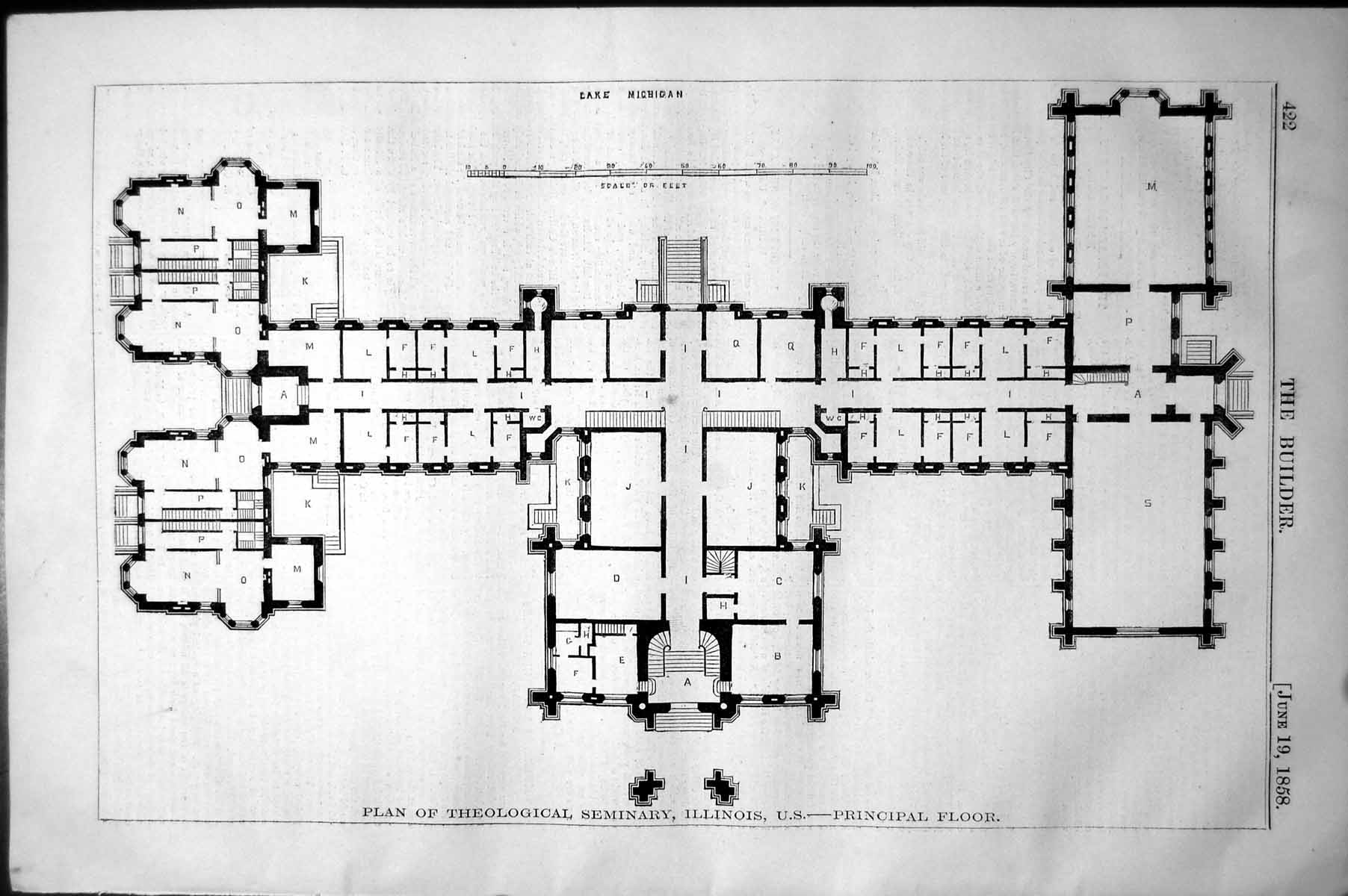 Antique Old Print Plan Theological Seminary Illinois Us Principal Floor 1858