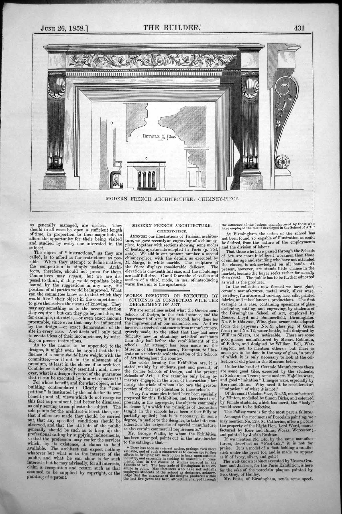 Original Old Antique Print Modern French Architecture Chimney Piece Detail 1858