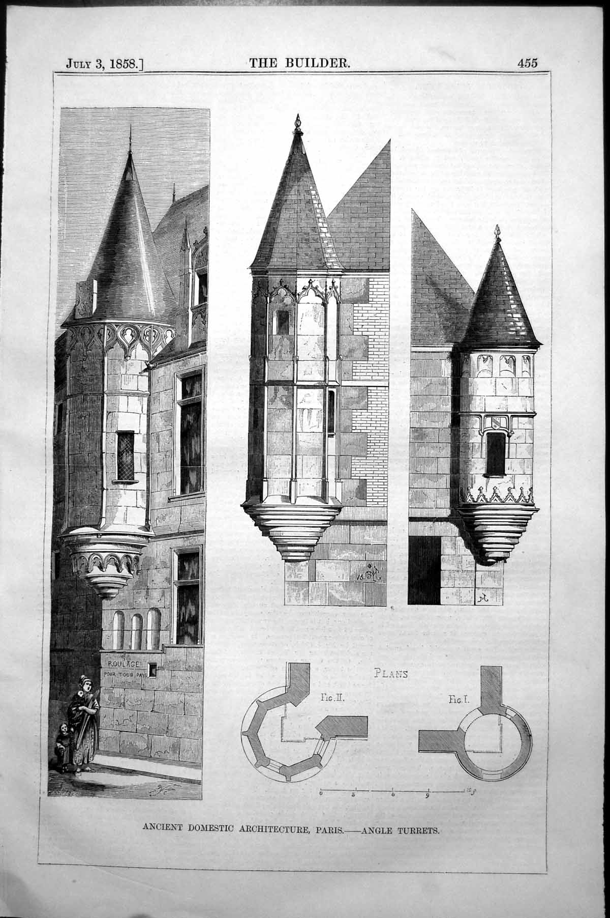 Old Print Ancient Domestic Architecture Paris Angle Turrets Details 1858 19th