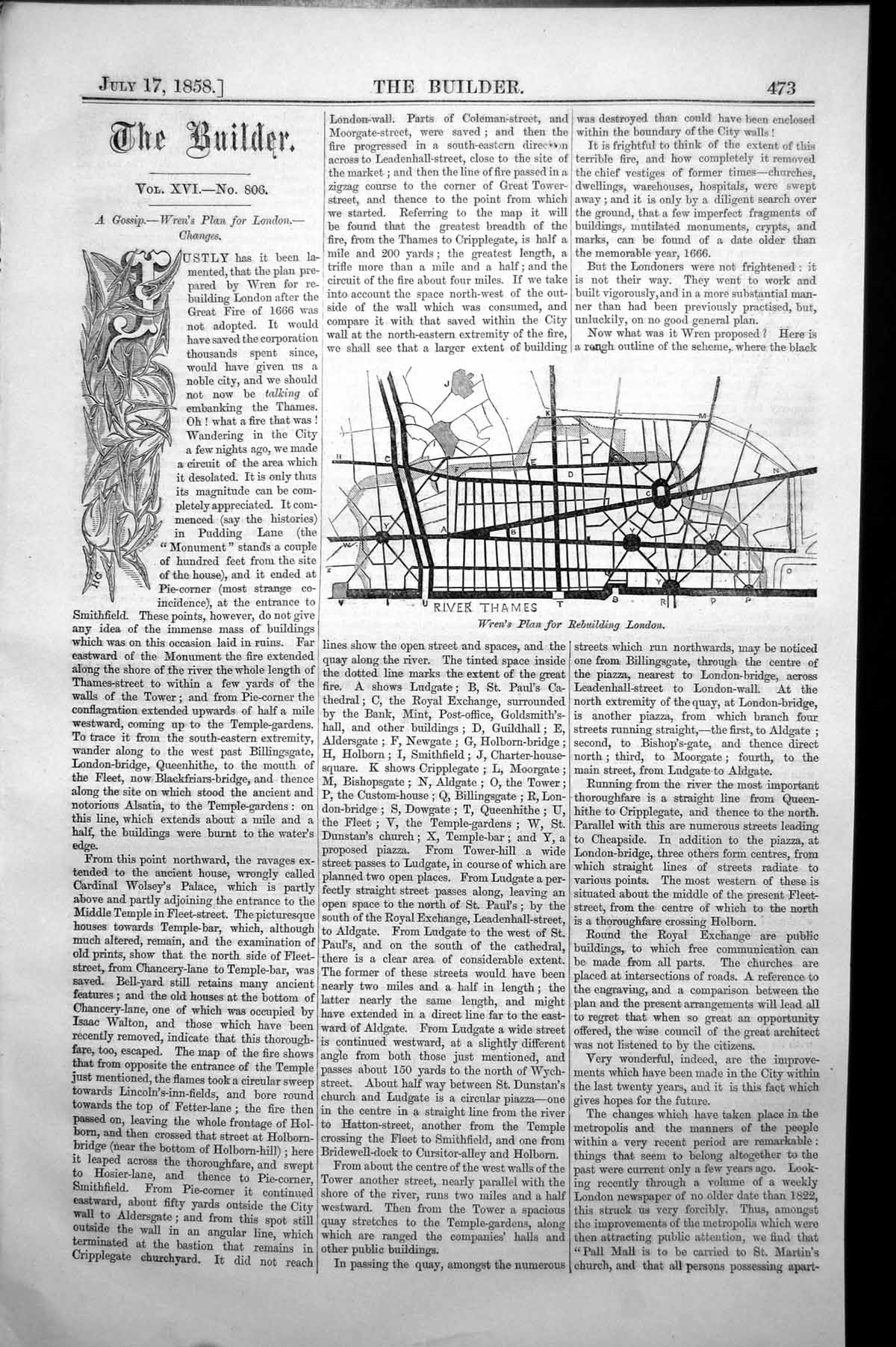 Original Old Antique Print River Thames Wren'S Plan For Re-Building London 1858