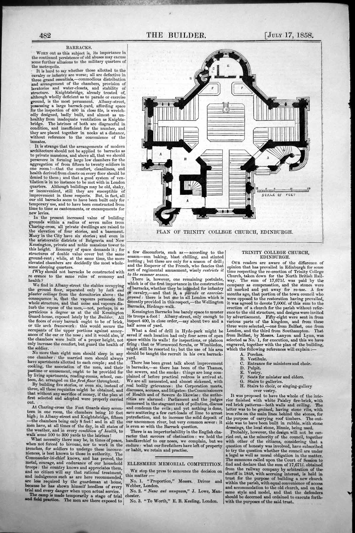 Antique Old Print Plan Trinity College Church Edinburgh Pulpit Vestry 1858 19th