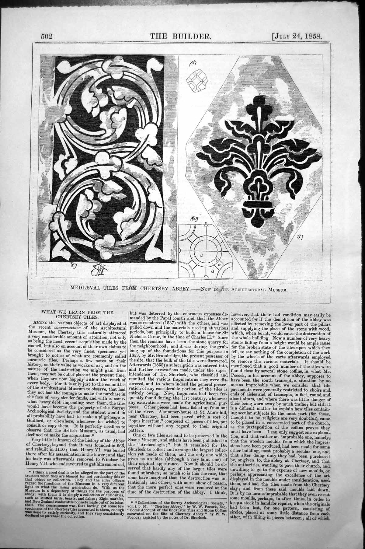 Antique Print Mediaeval Tiles From Chertsey Abbey Architectural Museum 1858