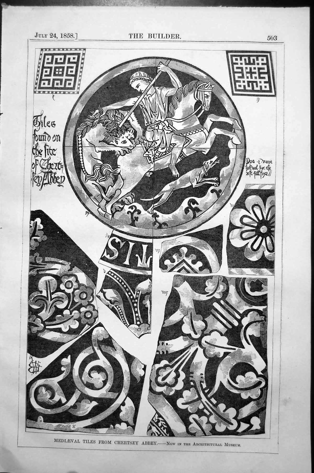 Old Mediaeval Tiles From Chertsey Abbey In Architectural Museum 1858 Victorian