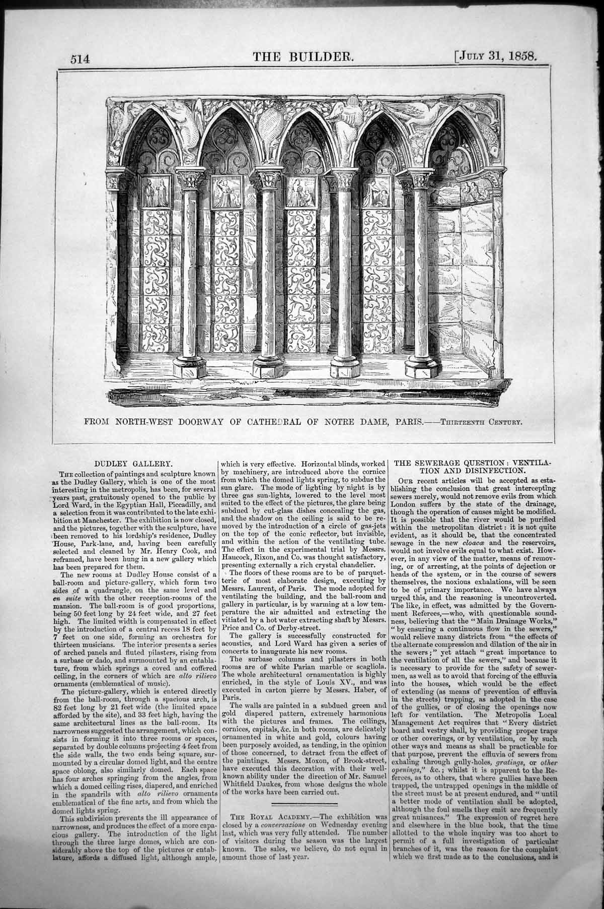 Old Antique Print From North West Doorway Cathedral Notre Dame 13Thc 1858