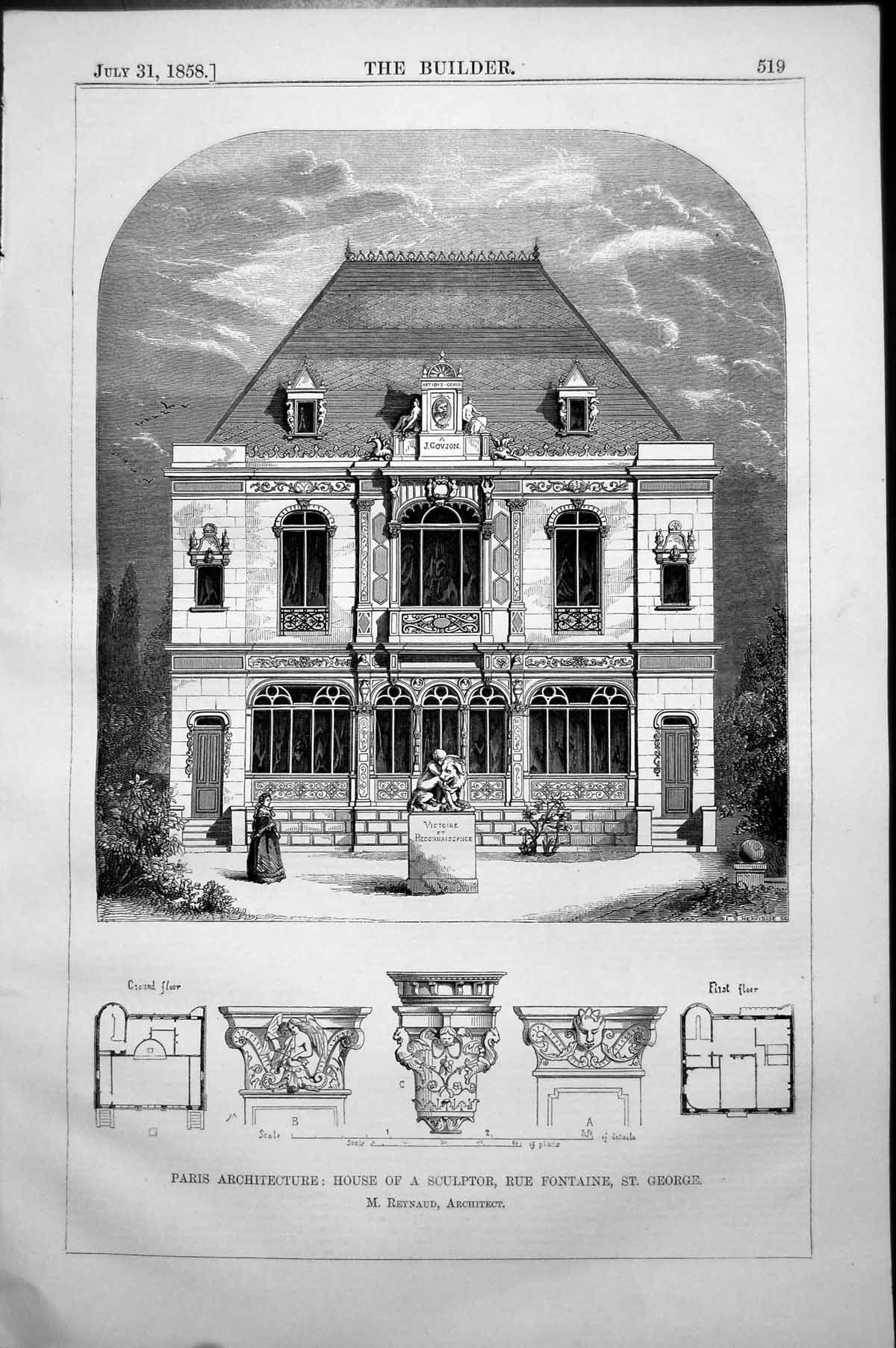 Old Print Paris Architecture House Sculptor Rue Fontaine St. George 1858 19th