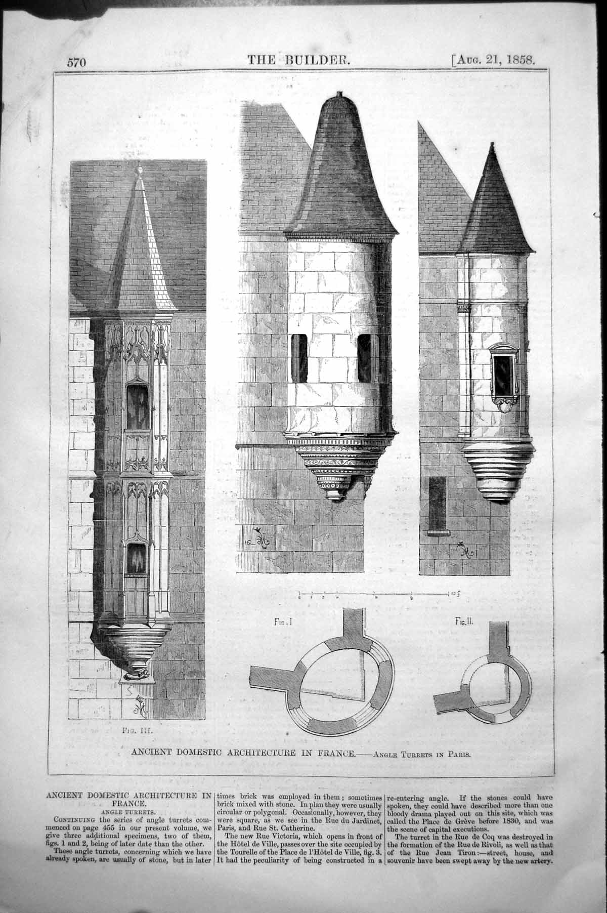 Antique Print Ancient Domestic Architecture France Angle Turrets Paris 1858