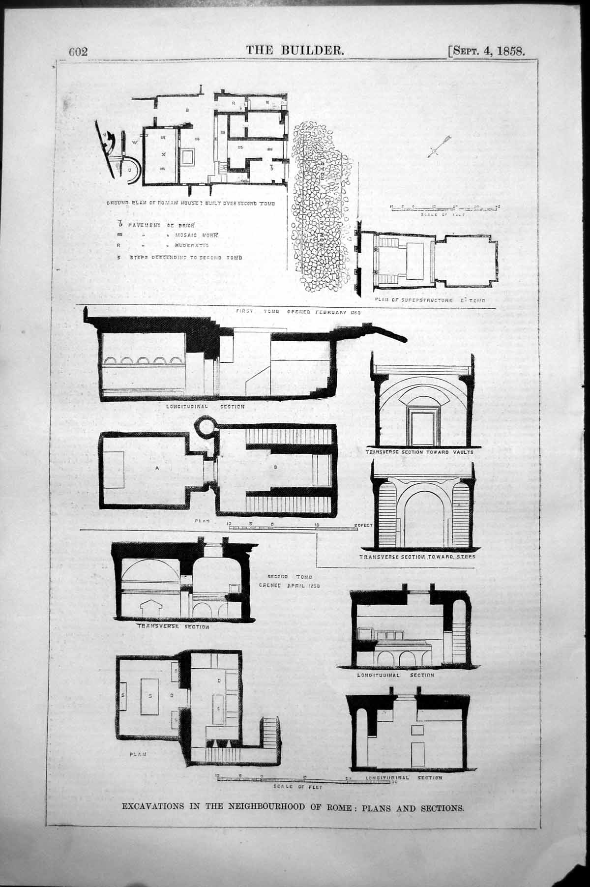 Old Print Excavations Neighbourhood Rome Plans Sections House Steps 1858 19th