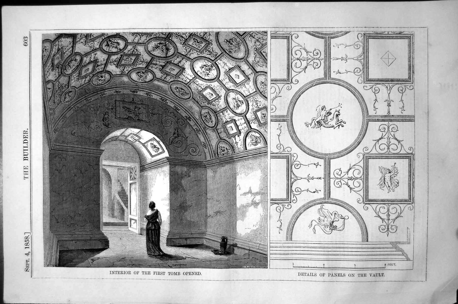 Antique Old Print Interior First Tomb Opened Details Panels Vault Cherub 1858