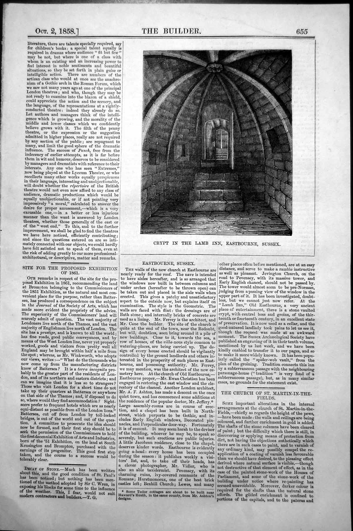 Old Antique Print Crypt In The Lamb Inn Eastbourne Sussex Vaulted Ro1858 19th