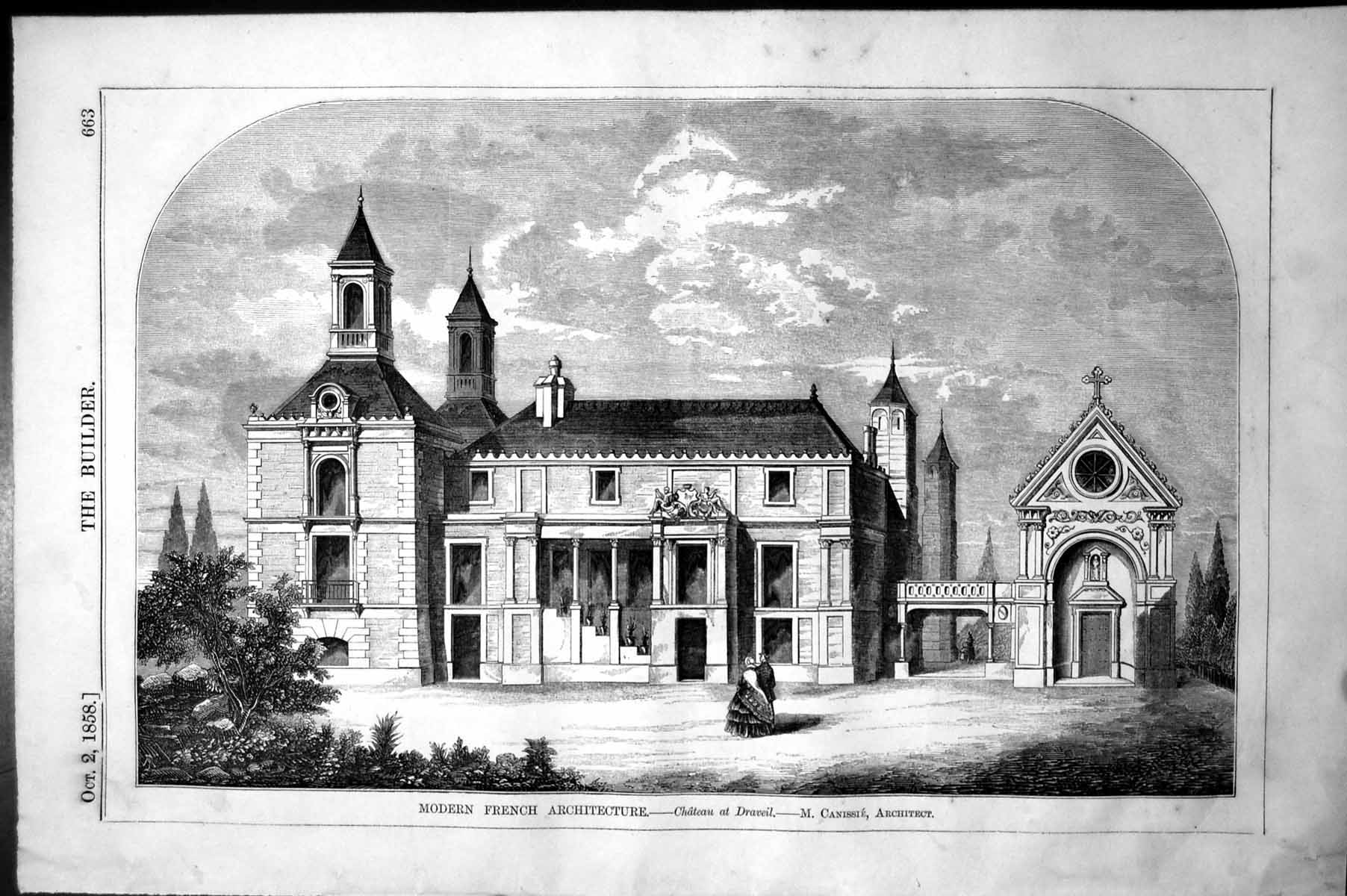 Antique Print Modern French Architecture Chateau At Draveil M Canissie 1858