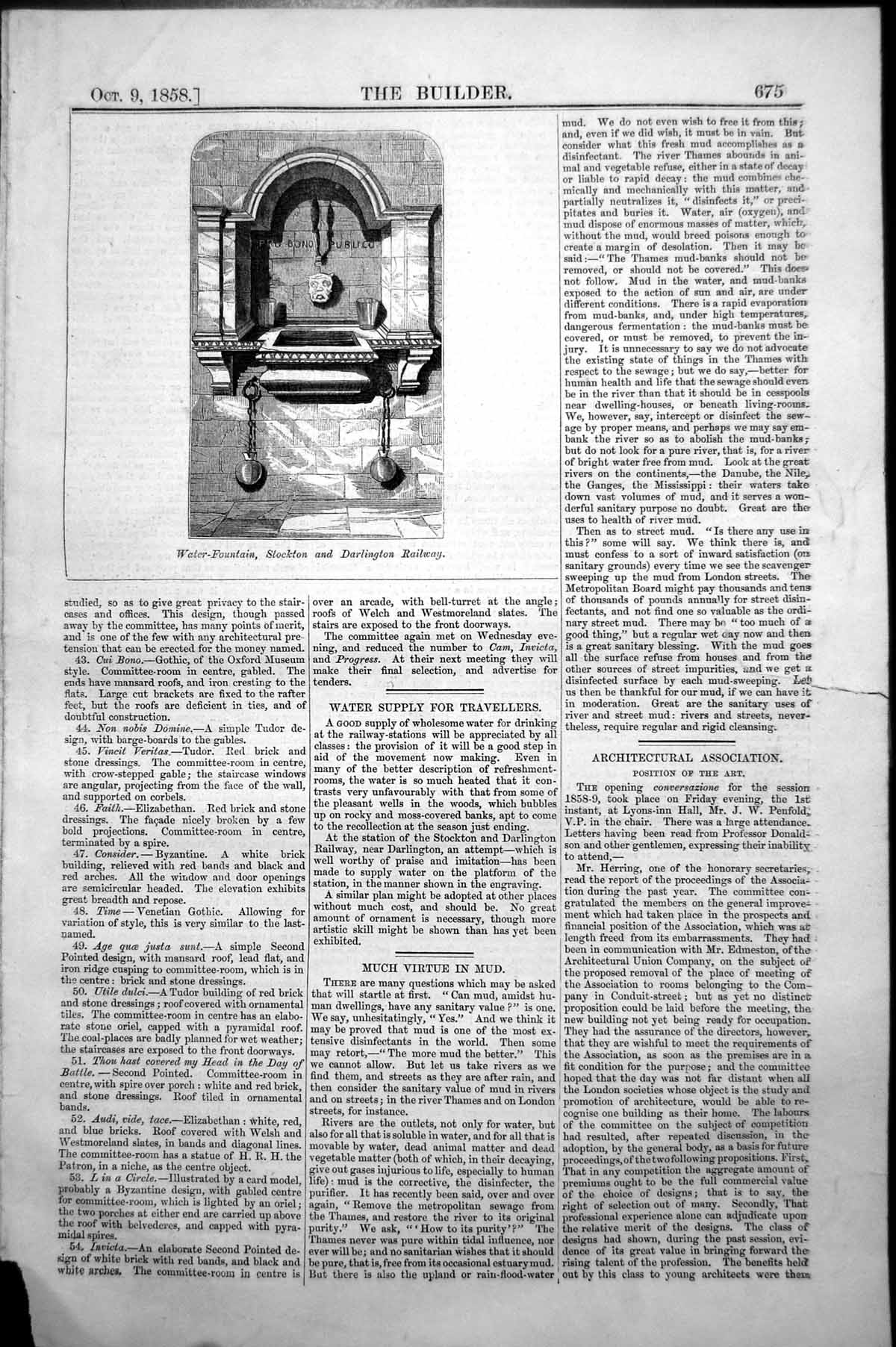 Original Old Antique Print Water-Fountain Stockton And Darlington Railway 1858