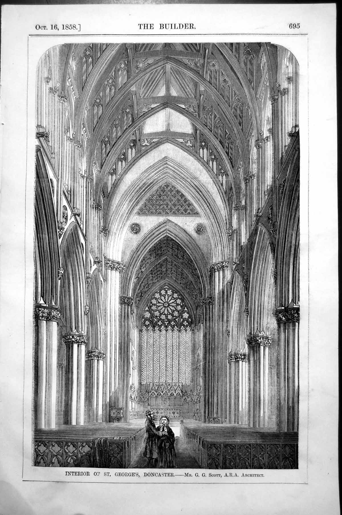 Old Antique Print Interior St. George'S Doncaster Gg Scott Architect 1858 19th
