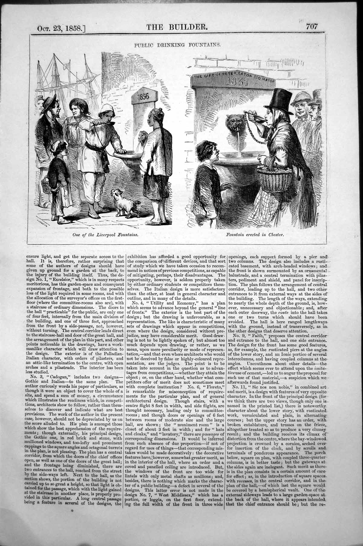 Old Print Public Drinking Fountains Liverpool Chester Street Scenes 1858 19th