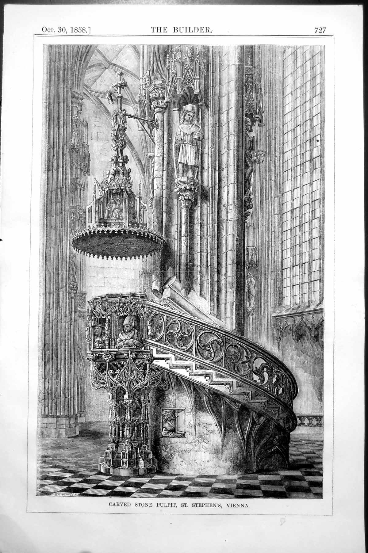 Original Old Antique Print Carved Stone Pulpit St. Stephen'S Vienna 1858 19th