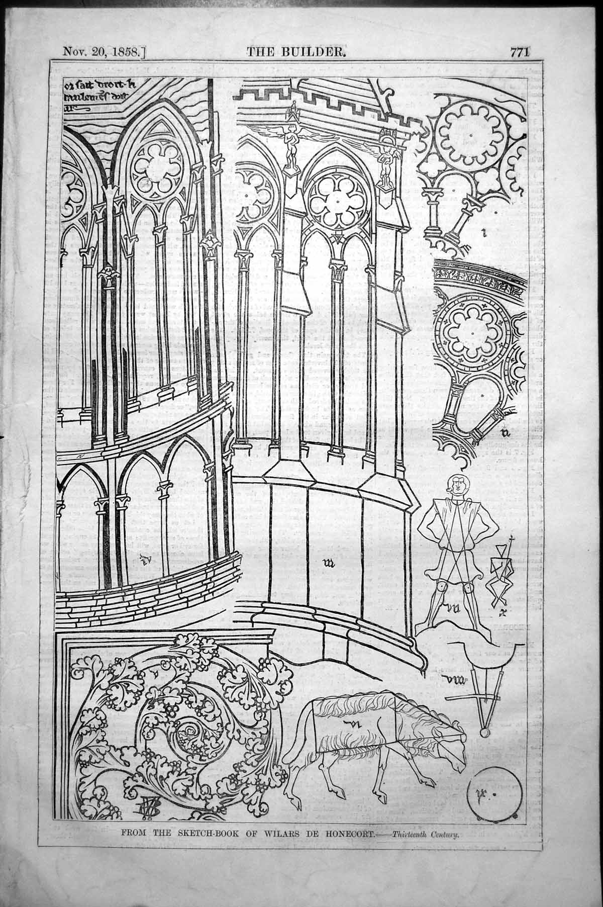 Antique Old Print From Sketchbook Wilars De Honecort Thirteenth Century 1858