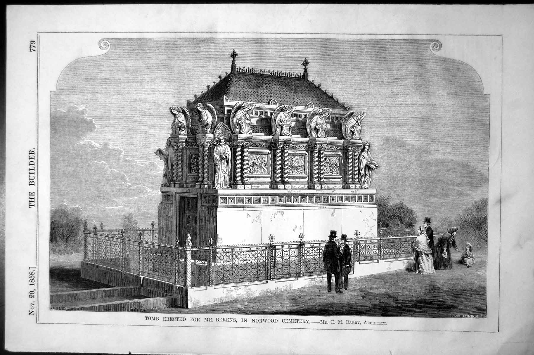 Antique Old Print Tomb Erected Mr Berens Norwood Cemetary Em Barry Arch. 1858