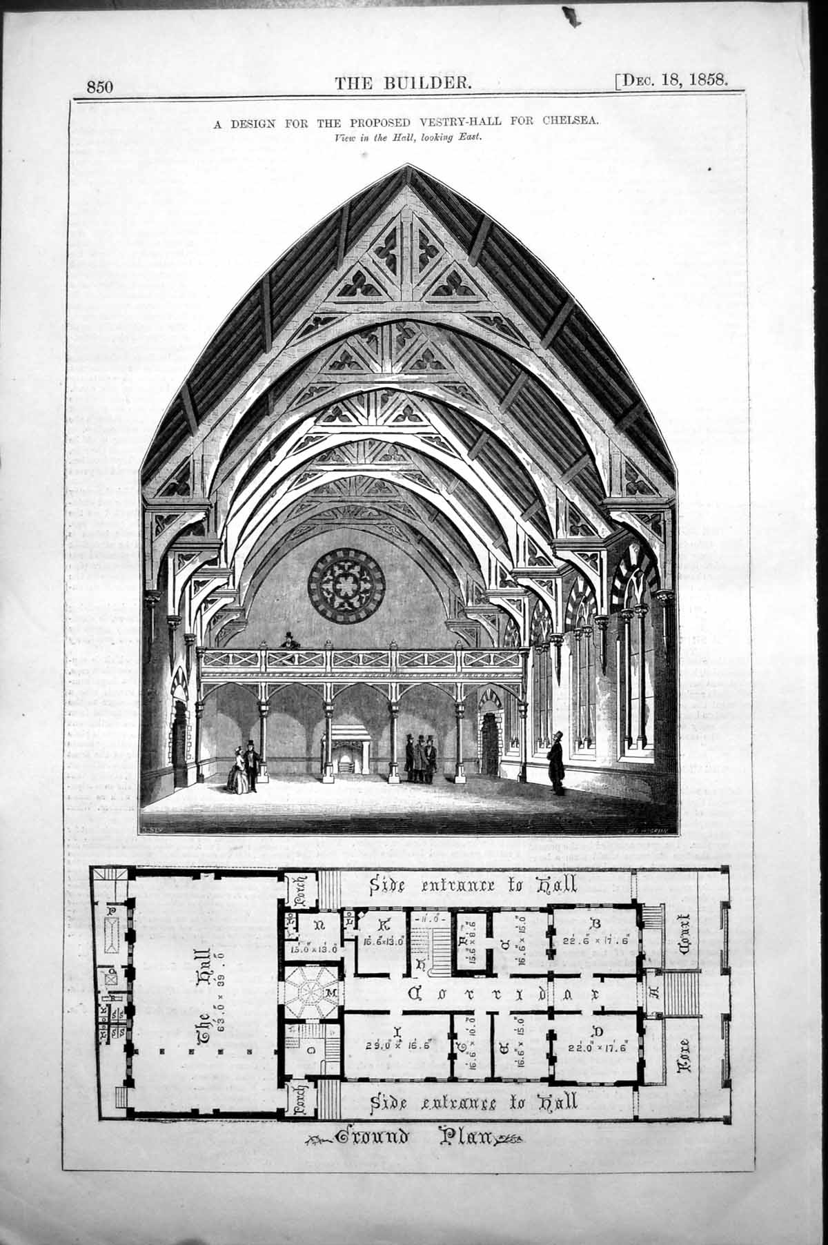 Antique Old Print Design For Proposed Vestry Hall Chelsea Interior Plan 1858