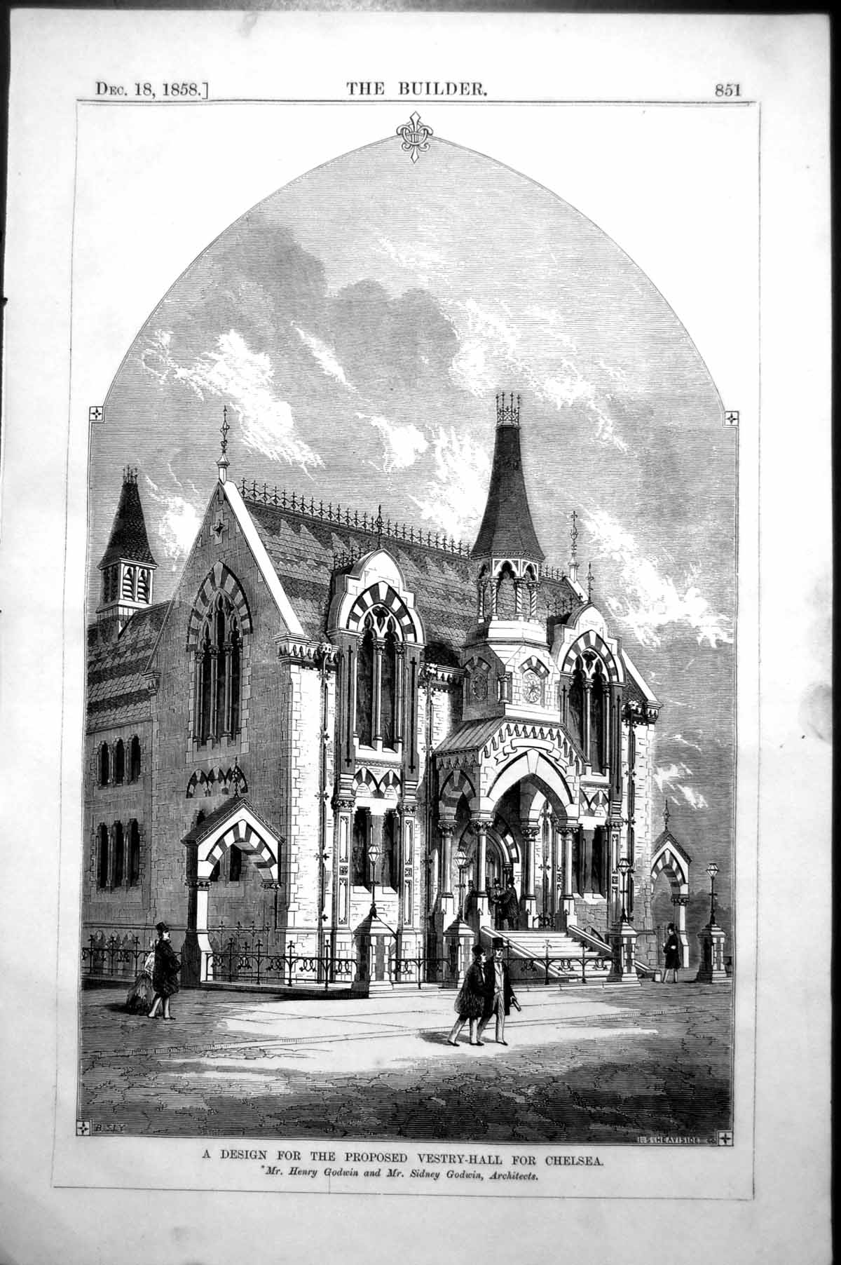 Antique Print Design For Proposed Vestry Hall Chelsea Exterior Godwin 1858 19th