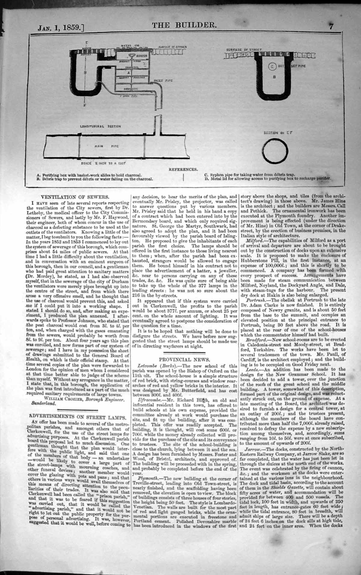 Antique Old Print Ventilation Sewers Purifying Box Syphon Pipe 1859 Builder