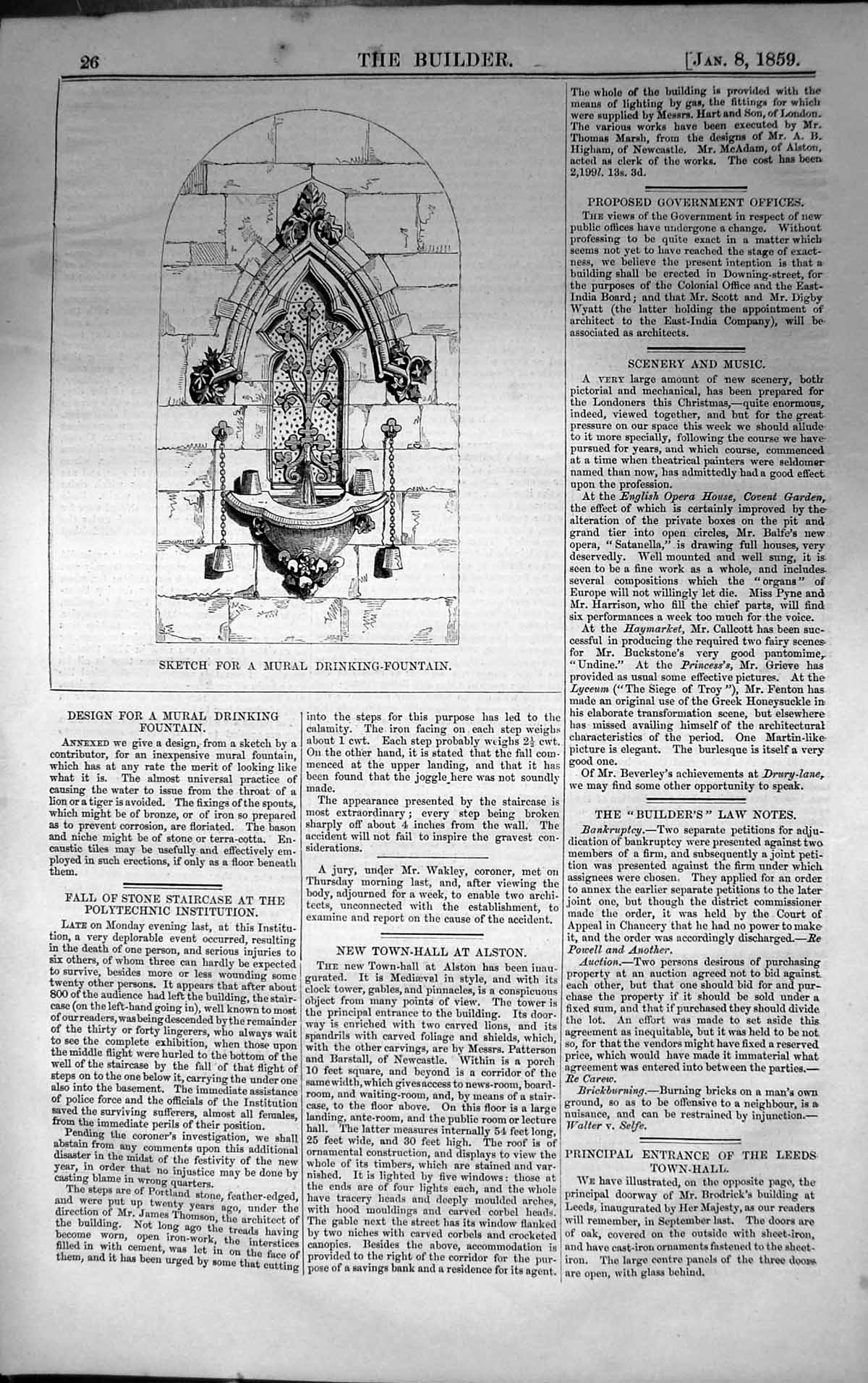 Antique Old Print Design Mural Drinking Fountain Architecture 1859 Builder 19th