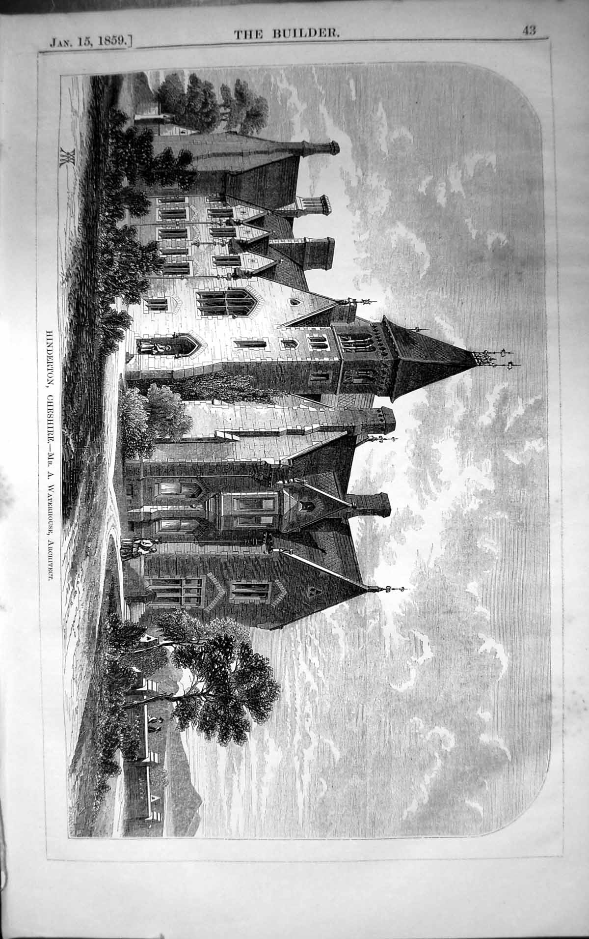 Old Antique Print Hinderton Cheshire Waterhouse Architecture 1859 Builder 19th