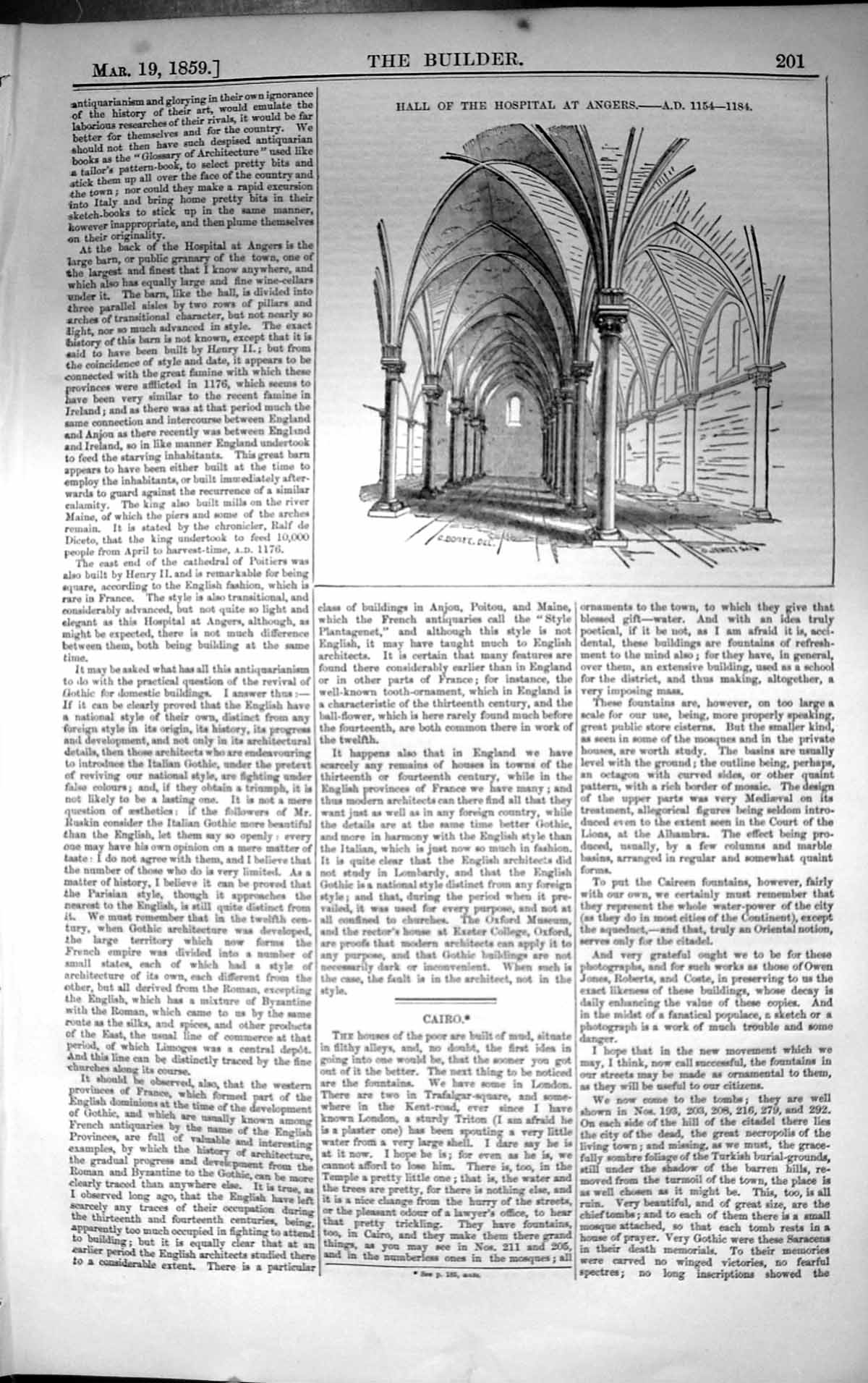 Old Antique Print Interior Hall Hospital Angers Architecture 1859 Builder 19th