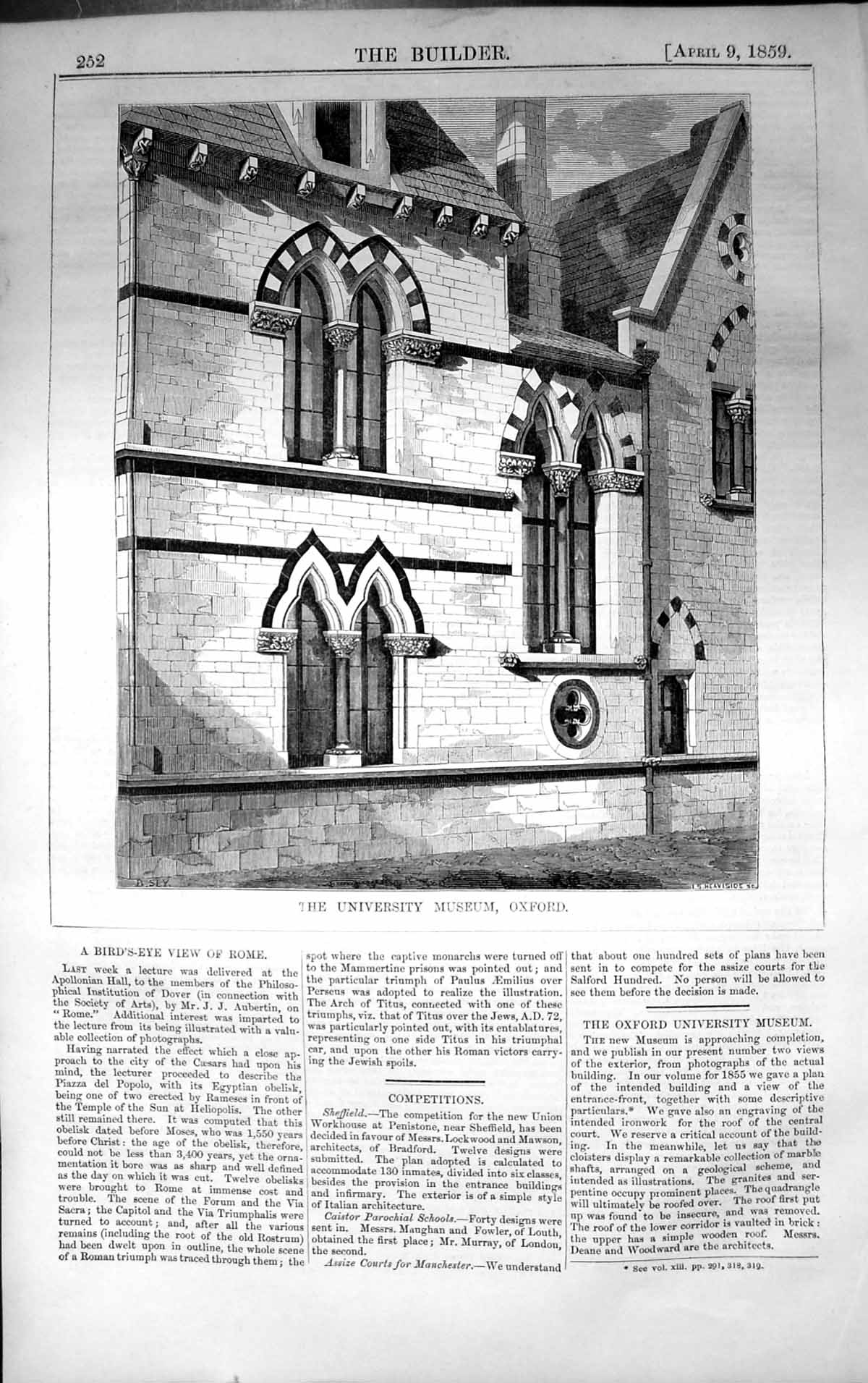 Antique Old Print Exterior University Museum Oxford Architecture 1859 Builder
